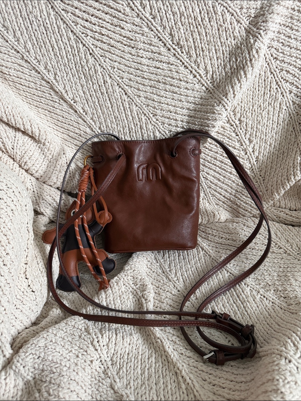 Brown Waxed Leather Drawstring Crossbody with Charm